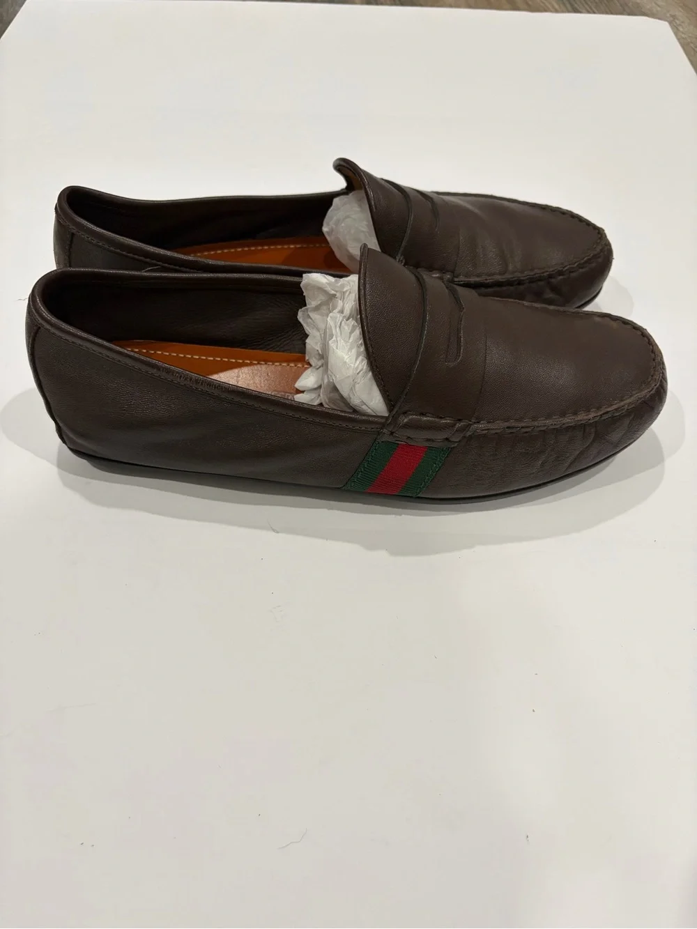 Gucci Brown Leather Slip-On Loafers with Green-Red Web Stripe